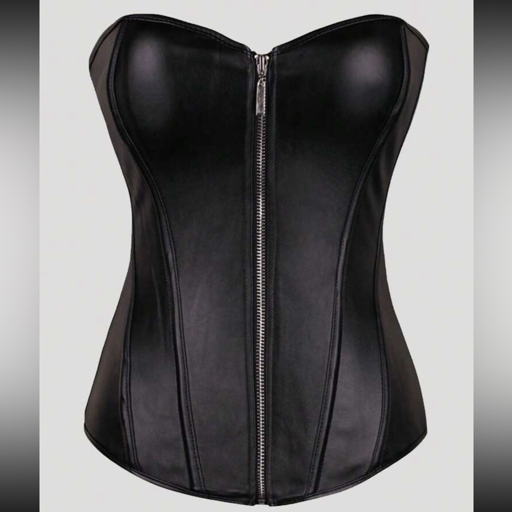 SHEIN Plus PU Leather Zipper Front Corset Top With Lace Up Back